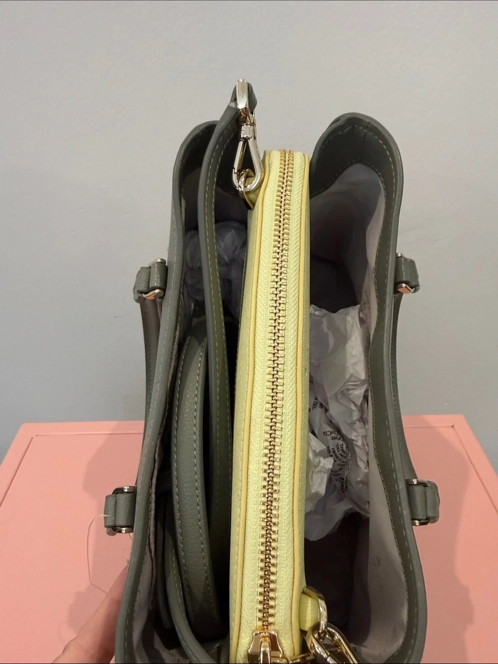 kate spade olive green leather satchel with yellow interior trim